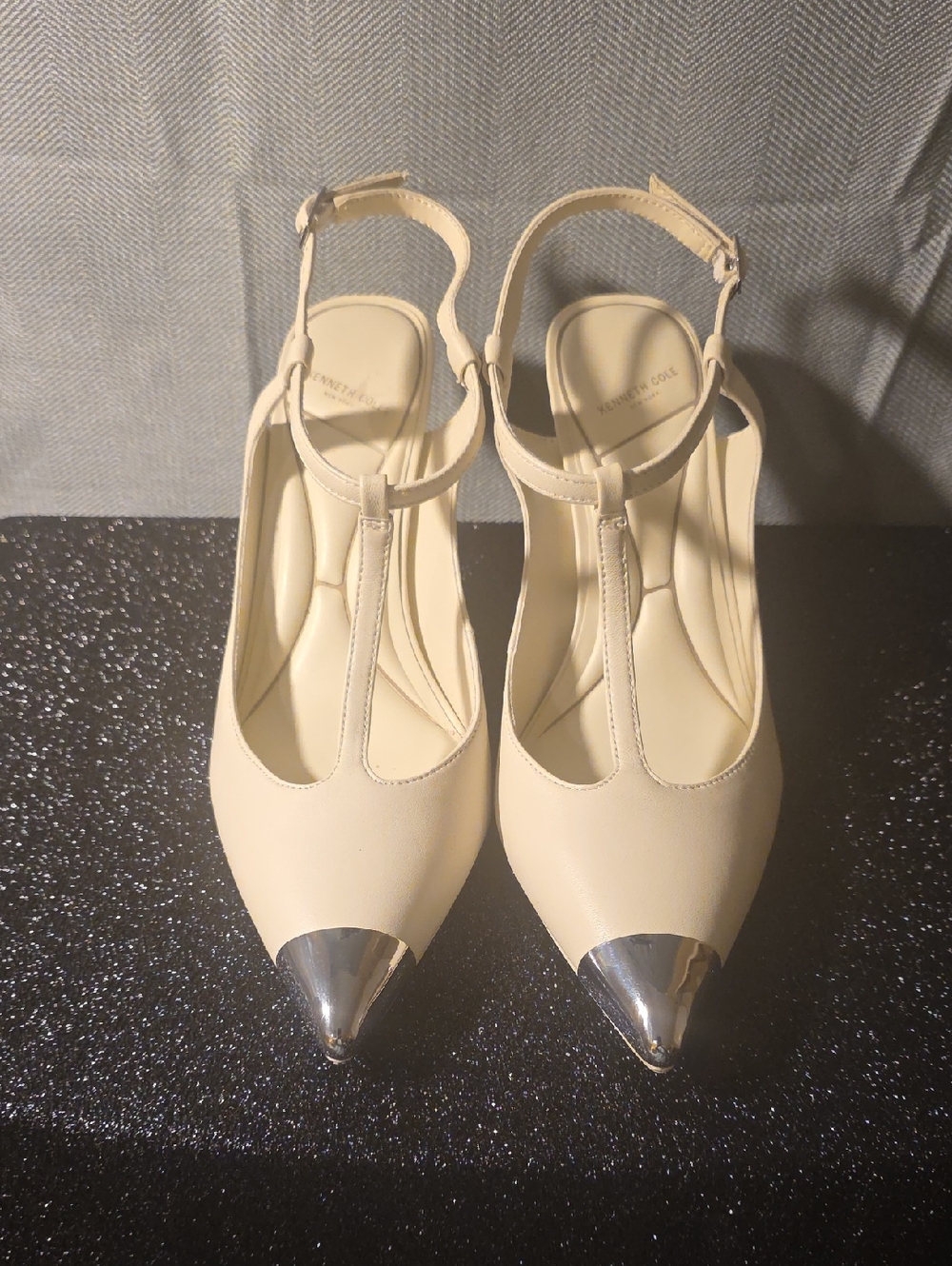 Kenneth Cole Cream T-Strap Slingback Heels with Silver Pointed Toe